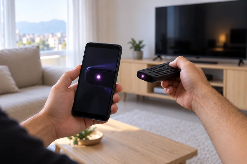 Telefon kamerasında kumandanın kızılötesi ışığının mor nokta olarak görünmesi