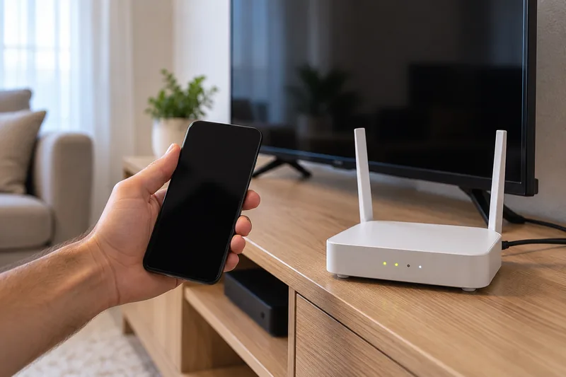 Elde tutulan telefonun yanında ışıklı anten çubuklu modem, arka planda oturma odası