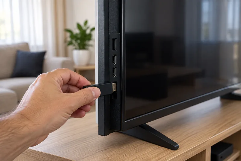 Televizyonun yan USB girişine bellek takan el