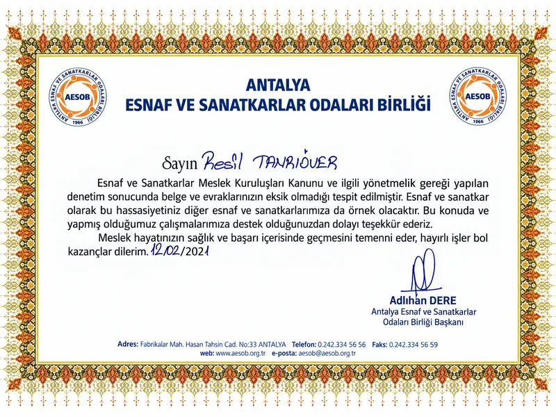 Antalya Esnaf ve Sanatkarlar Odaları Birliği teşekkür belgesi, Resil Tanrıöver