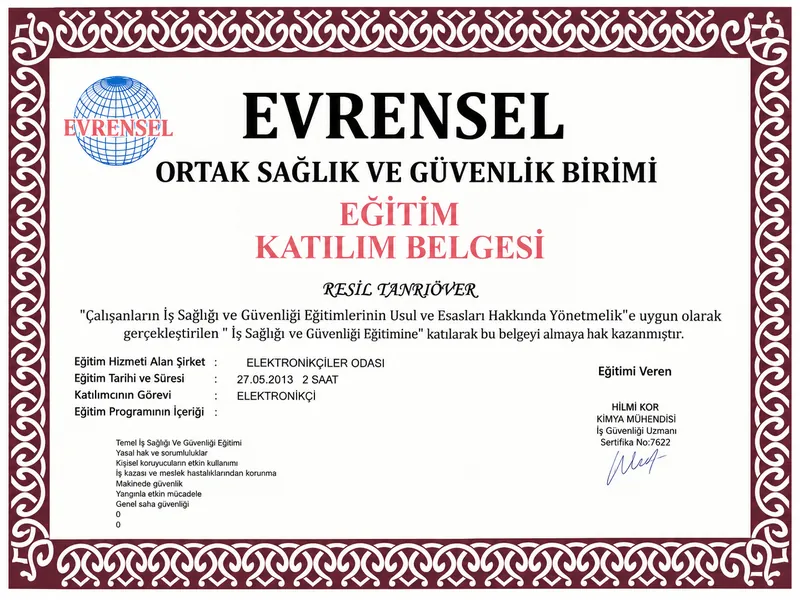 İş sağlığı ve güvenliği eğitimi katılım belgesi, Resil Tanrıöver