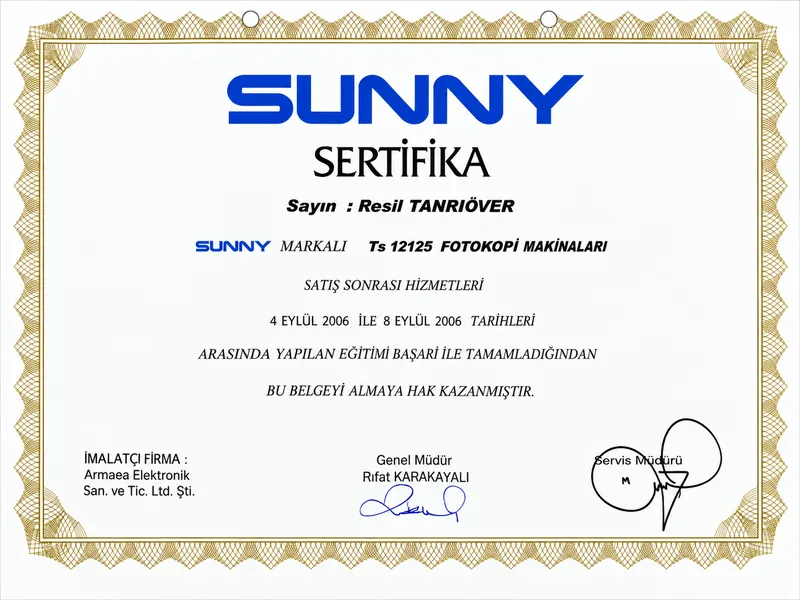 Sunny satış sonrası hizmetleri eğitim sertifikası, Resil Tanrıöver
