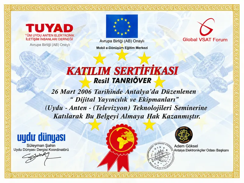 TUYAD dijital yayıncılık ve ekipmanları semineri katılım sertifikası, Resil Tanrıöver